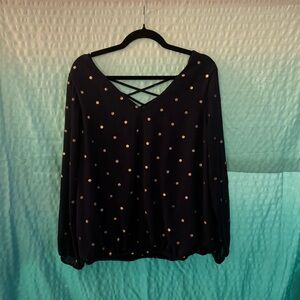 Torrid - long sleeve blouse - navy blue with gold polka dots - size 0 (L - 12)